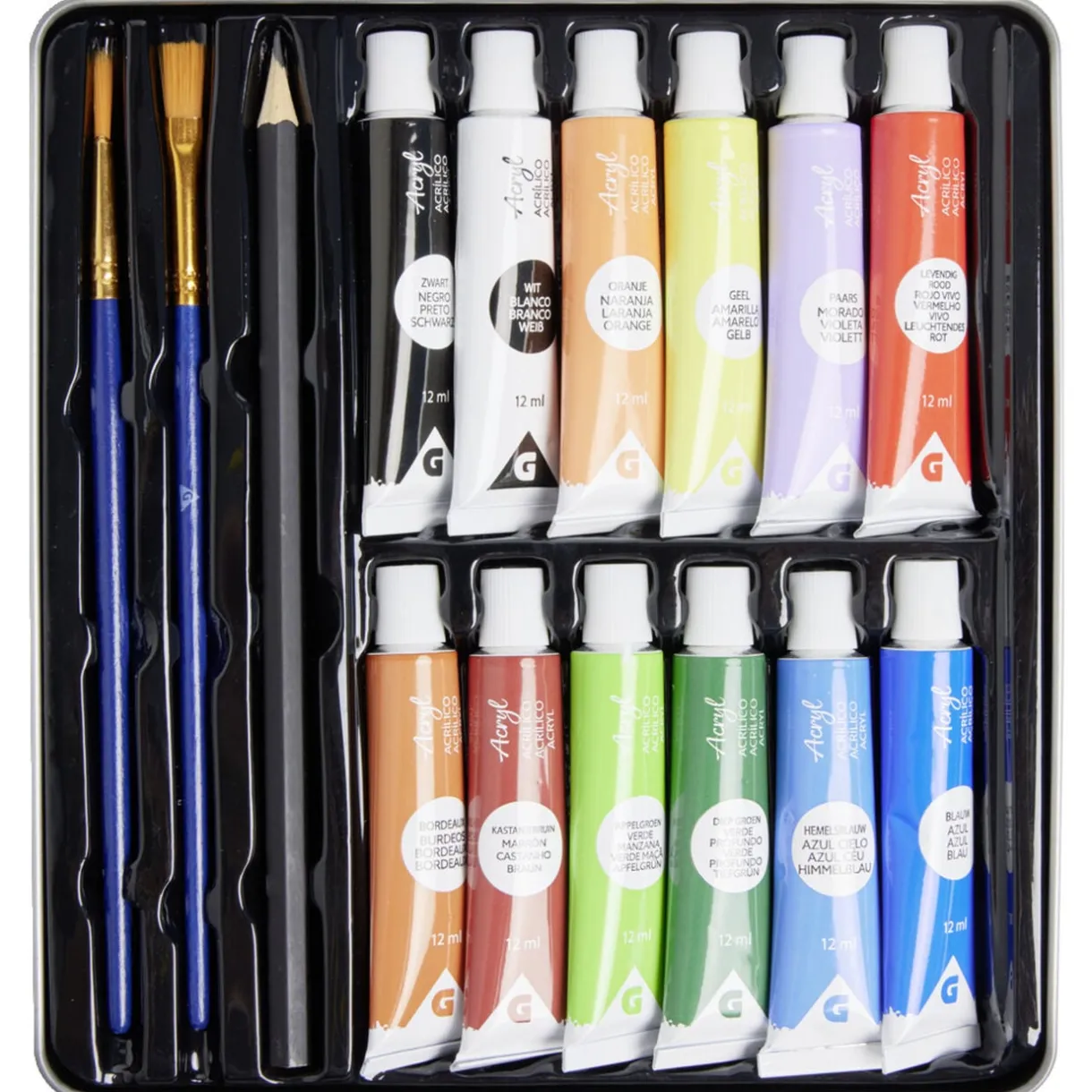 Kit tube de peinture acrylique 12x12ml avec 2 pinceaux et 1 crayon de bois < Gifi Discount