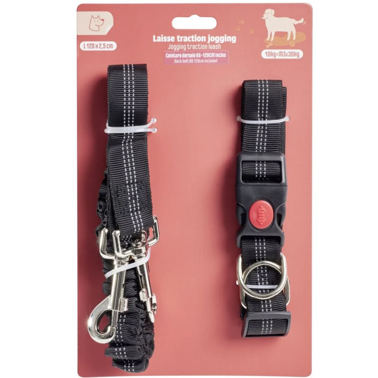 Laisse traction jogging canicross avec ceinture dorsale L120cm