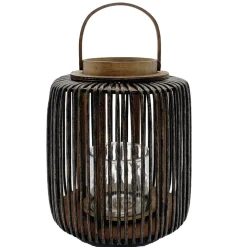 Lanterne ajourée métal et bois noir et marron Ø19,5xH30cm