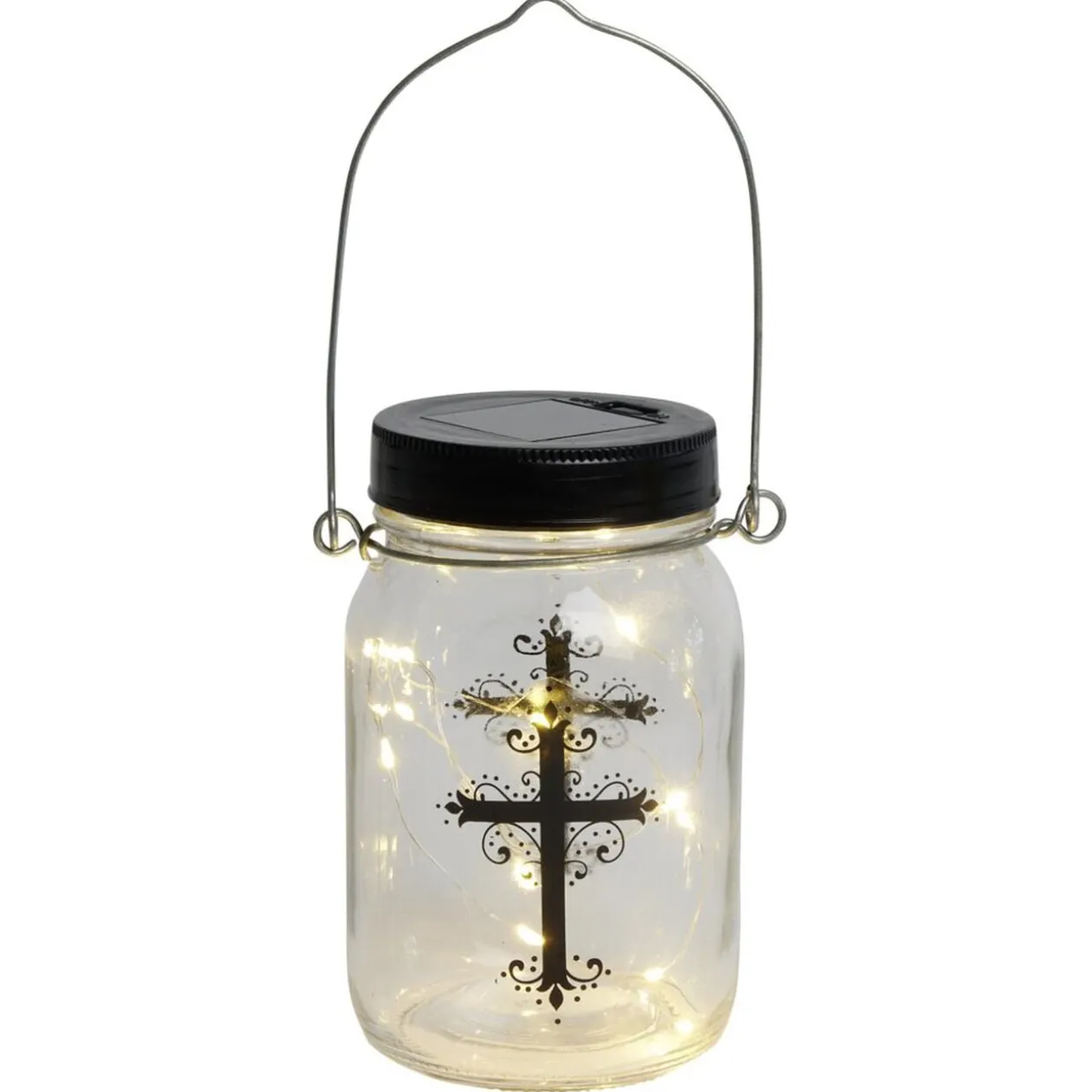 Lanterne funéraire solaire LED en verre avec croix à l'intérieur Ø7xH14cm