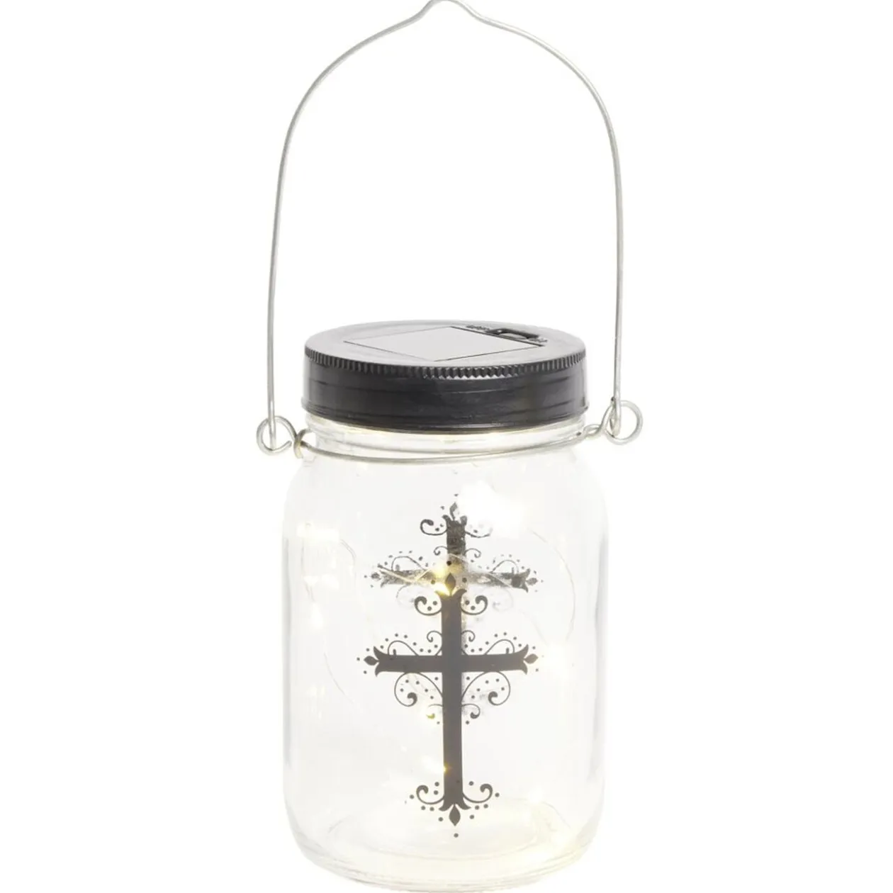 Lanterne funéraire solaire LED en verre avec croix à l'intérieur Ø7xH14cm