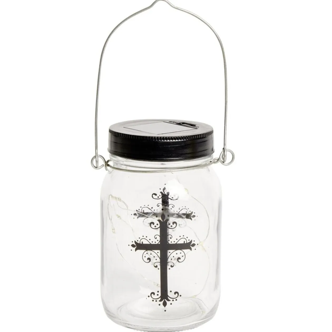Lanterne funéraire solaire LED en verre avec croix à l'intérieur Ø7xH14cm