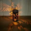 Lanterne solaire effet flamme métal noir ajouré motif feuillage 12LED blanc chaud Ø9xH16cm < Gifi Sale