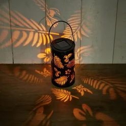 Lanterne solaire effet flamme métal noir ajouré motif feuillage 12LED blanc chaud Ø9xH16cm < Gifi Sale