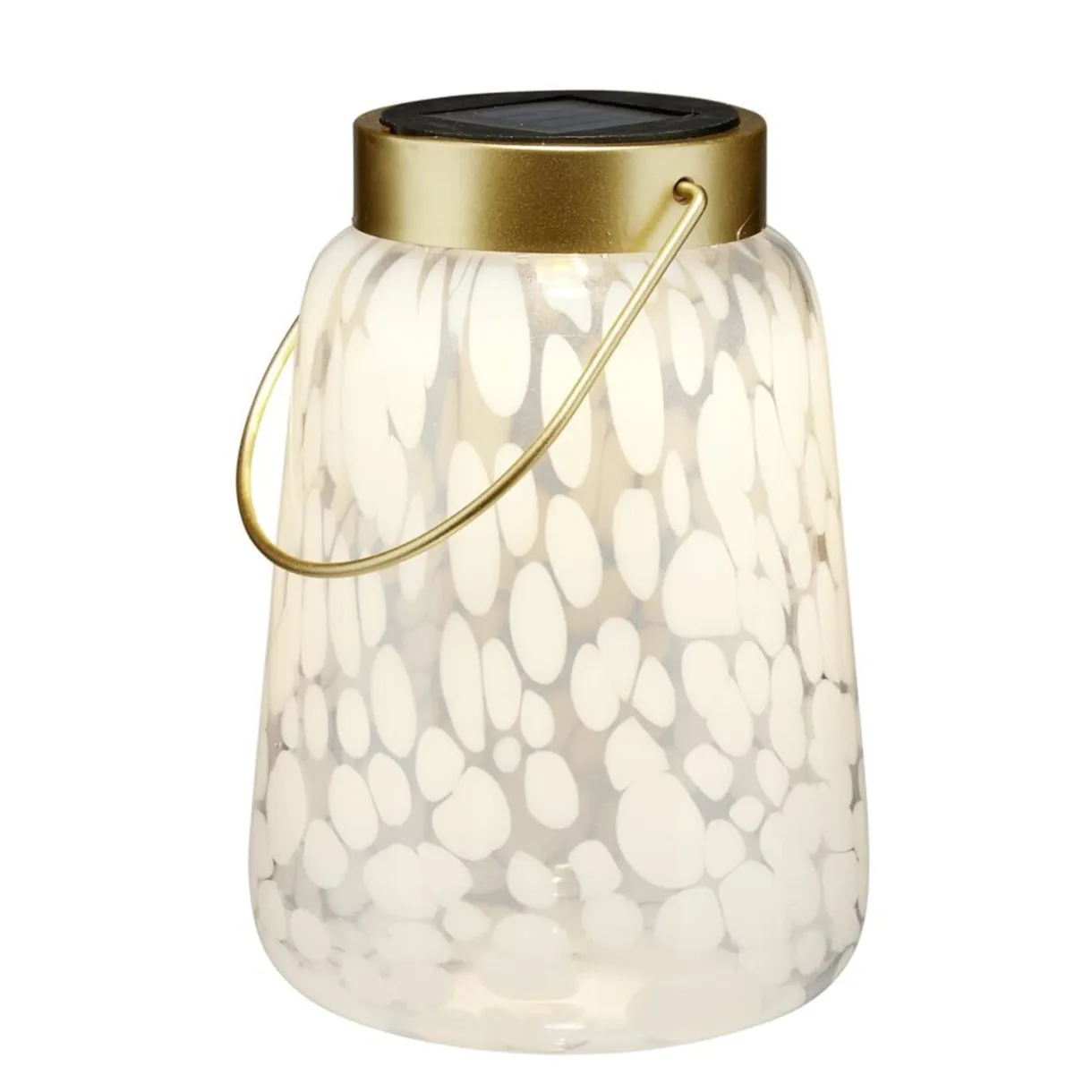 Lanterne solaire à poser ou suspendre en verre motif blanc abstrait Ø12xH17cm < Gifi New
