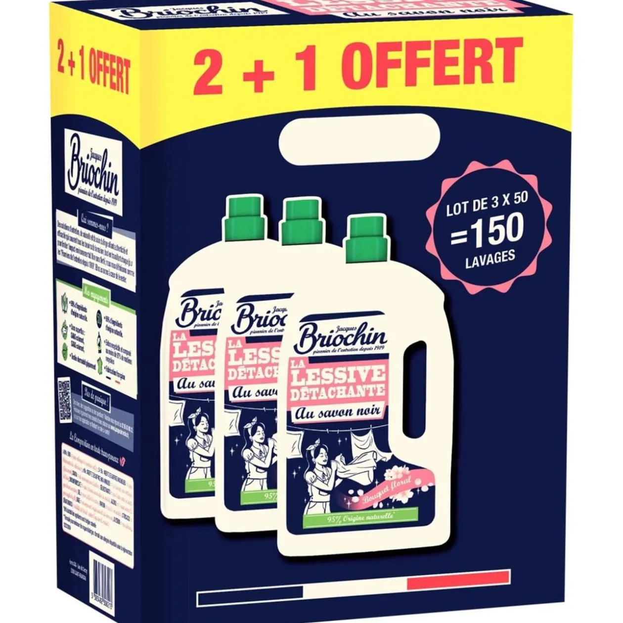 Lessive liquide Briochin savon noir bouquet floral 150 lavages 2+1 offert 3x 2,2L
