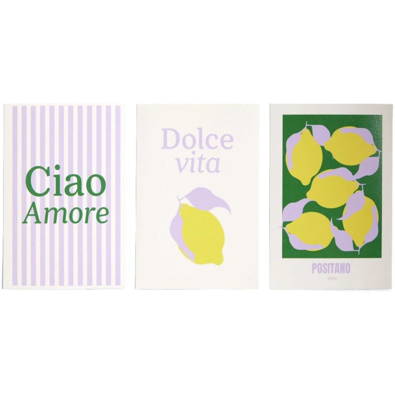 Lot de 3 affiches papier violet jaune et vert 10x15cm
