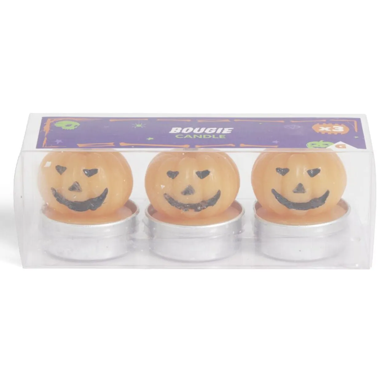 Lot de 3 bougies Halloween forme citrouille orange