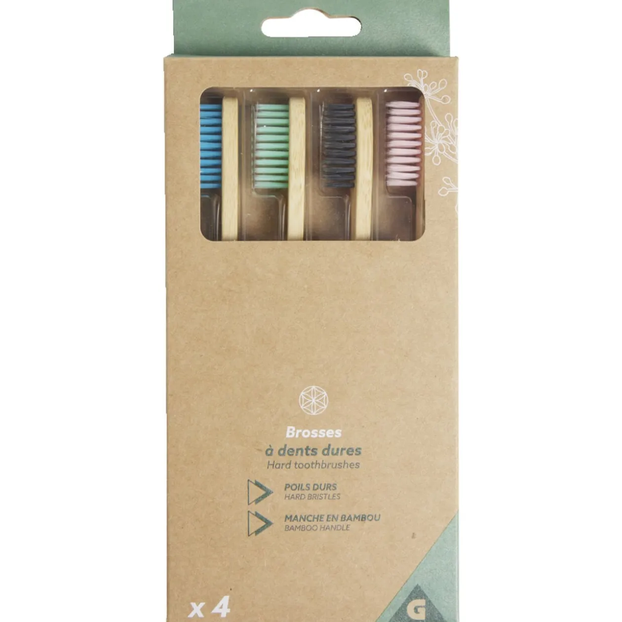 Lot de 4 brosses à dents dures poils nylon et manche bambou