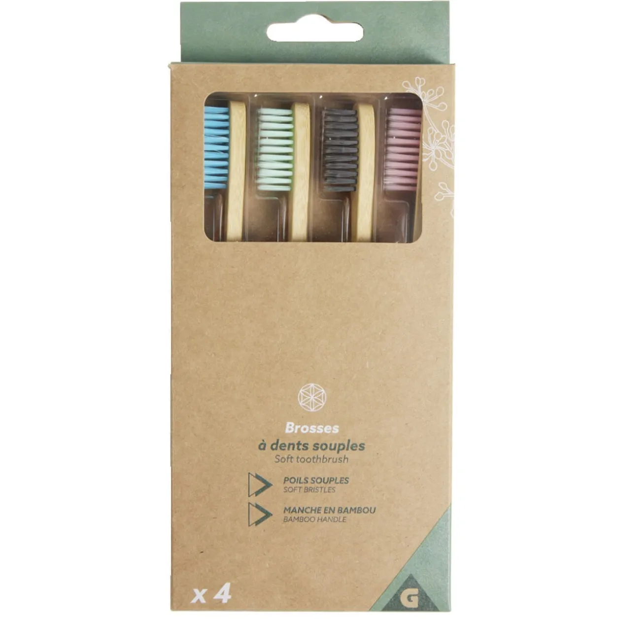Lot de 4 brosses à dents souples poils nylon et manche bambou
