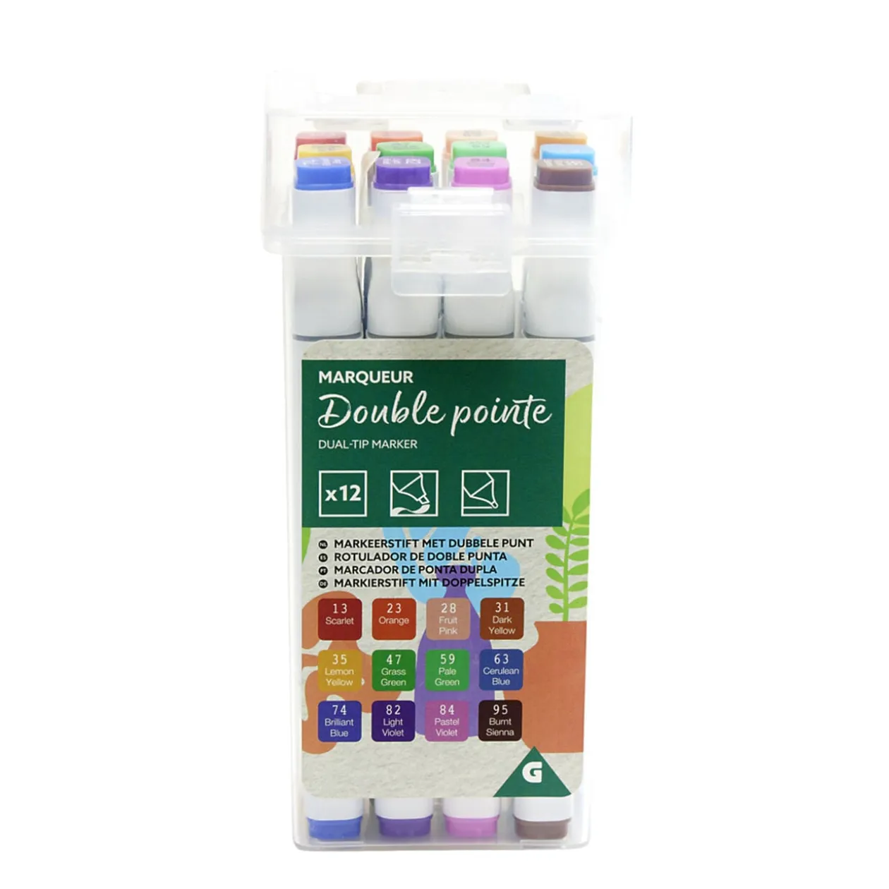 Lot de 12 marqueurs double pointe dans boite H16,3cm