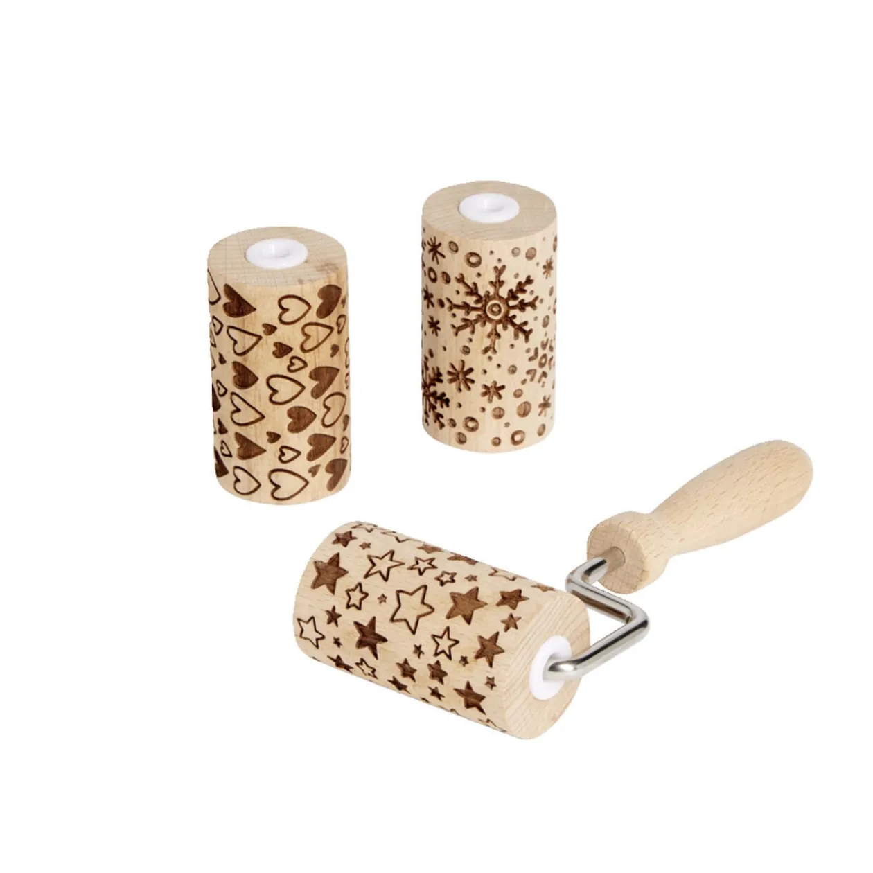 Lot de 3 mini rouleaux à pâtisserie en bois à motifs étoile/flocon/coeur