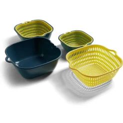 Lot de 3 passoires cuvettes carrées bleues et jaunes