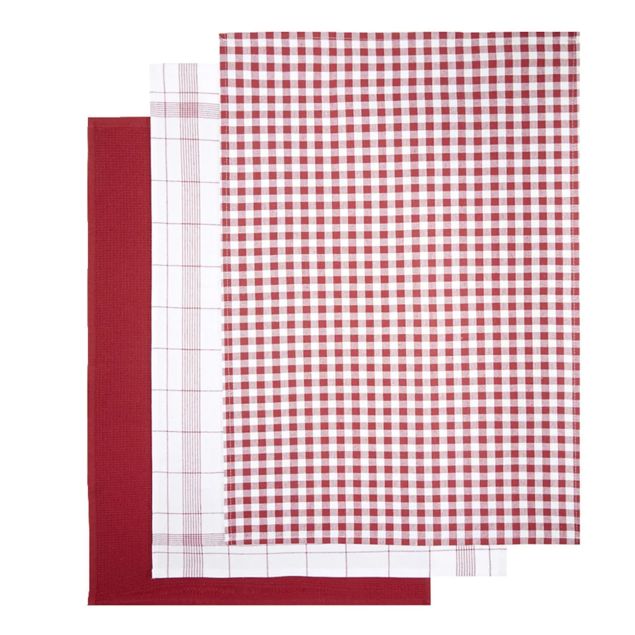 Lot de 3 torchons rectangulaires 50x70cm 100% coton blanc et rouge