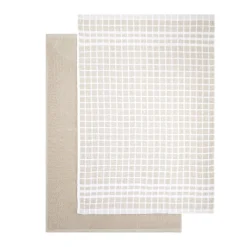 Lot de 2 torchons rectangulaires 50x70cm 100% coton blanc et beige