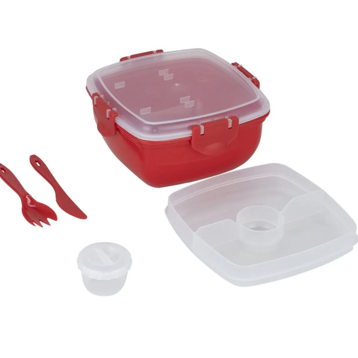 Lunch box plastique 900ml avec couverts et pot à sauce 17x17xH8,5cm (2 modèles) < Gifi Clearance