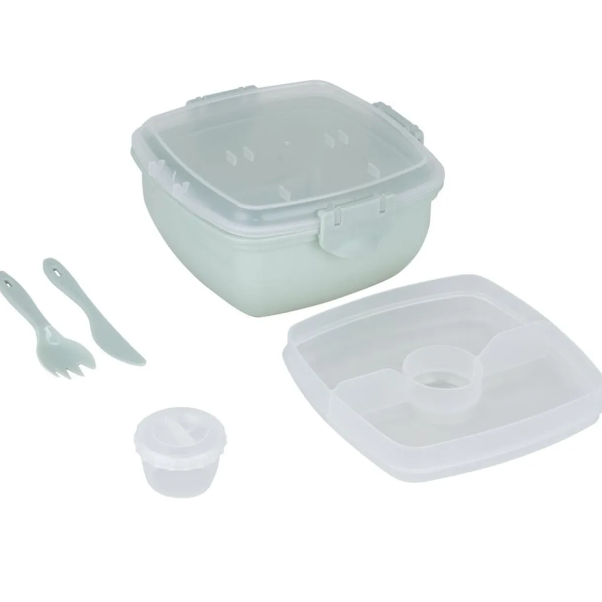 Lunch box plastique 900ml avec couverts et pot à sauce 17x17xH8,5cm (2 modèles) < Gifi Clearance