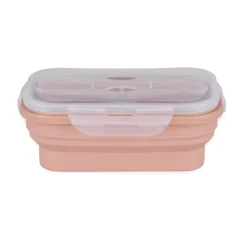 Lunch box rétractable 1L avec couverts silicone et plastique rose 12,5x21xH7,5cm