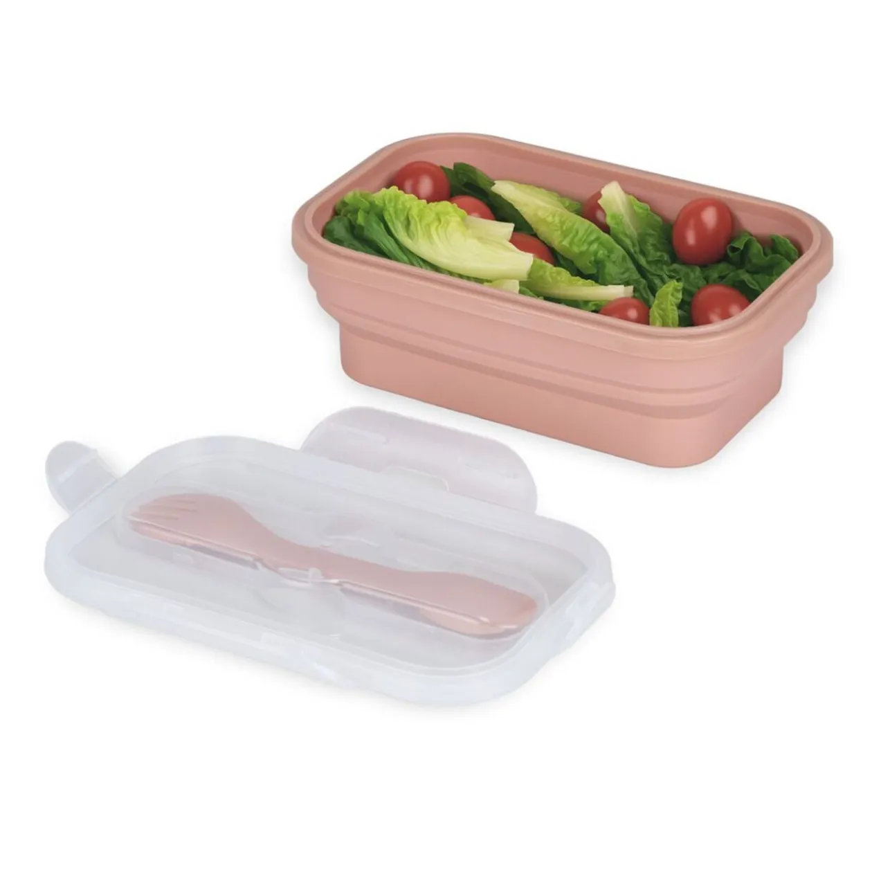 Lunch box rétractable 1L avec couverts silicone et plastique rose 12,5x21xH7,5cm