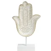 Main de Fatma gravée à poser en bois et métal blanc 16xH28,5cm