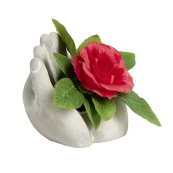 Main polyrésine avec rose rouge Ø16xH12cm
