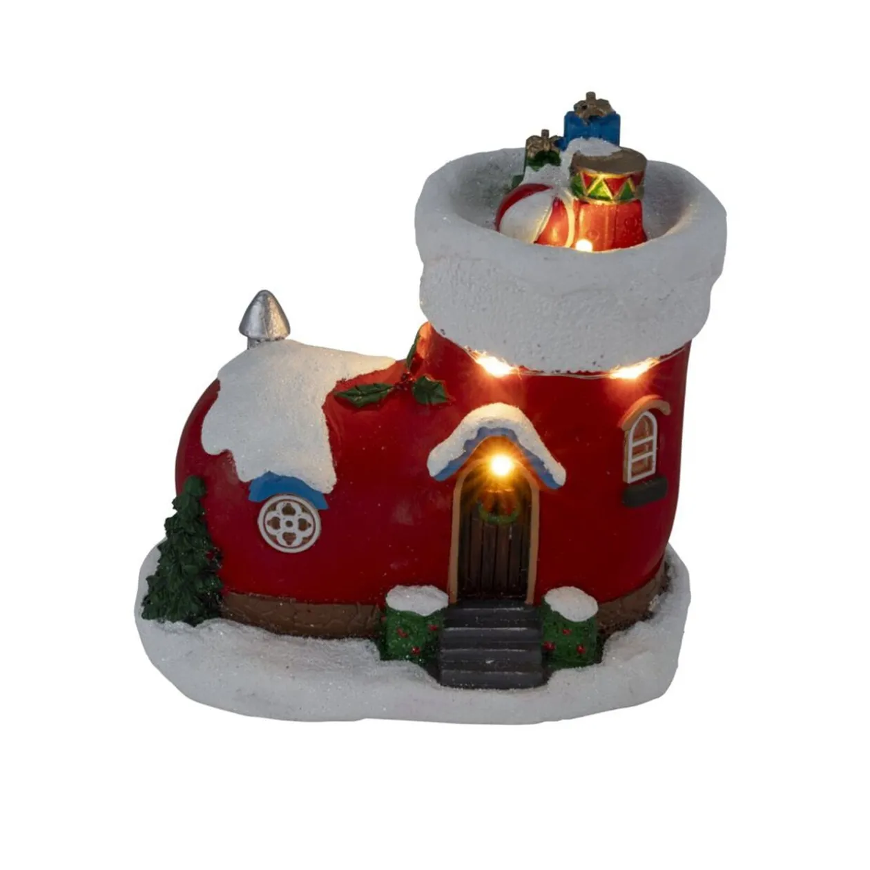 Maison de Noël lumineuse forme botte rouge et blanche polyrésine 13x9xH13cm