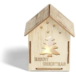 Maison lumineuse Noël en bois motif sapin 5LED blanc chaud H10,5cm