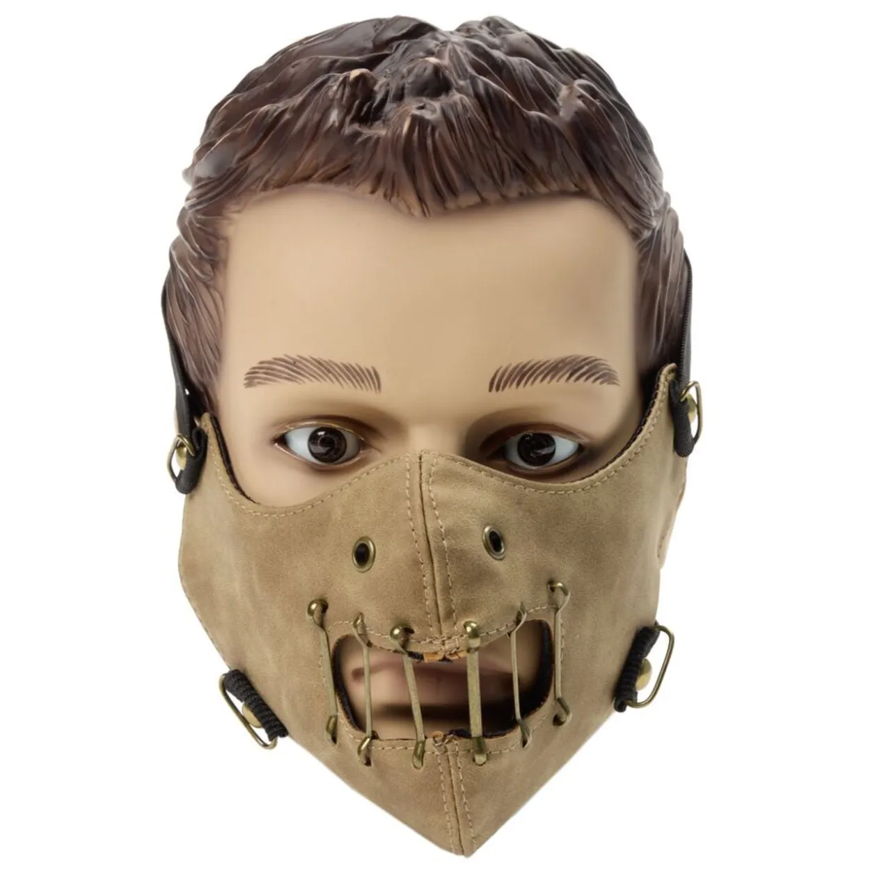 Masque Halloween adulte style Hannibal Lecter muselière cuir beige 16x20cm