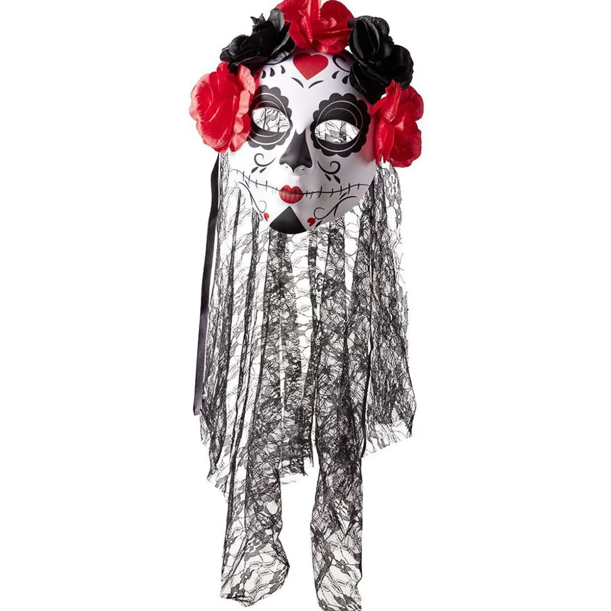 Masque squelette adulte jour des morts calavera fleur rouge et noir