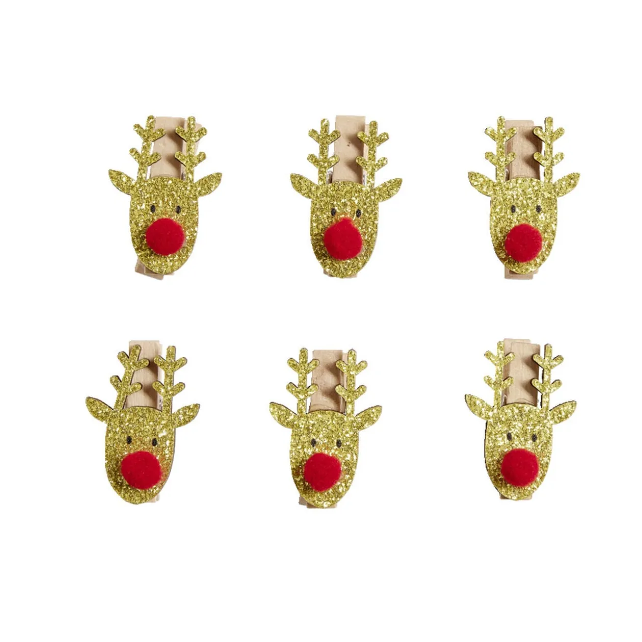 Mini pince en bois forme tête de renne rouge et dorée 6 pièces