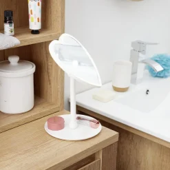 Miroir lumineux LED sur pied inclinable plastique blanc forme coeur 16xH24cm