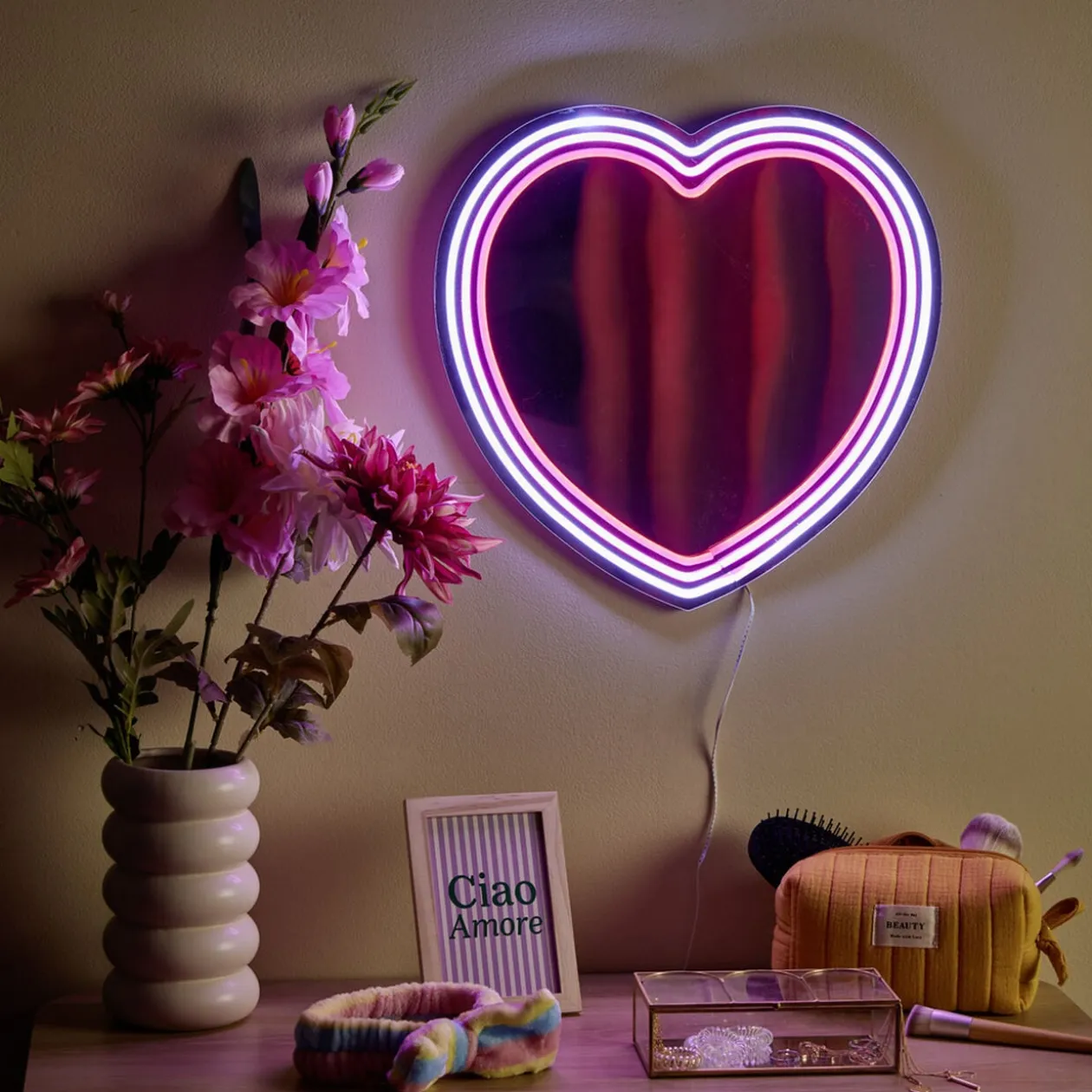 Miroir néon forme coeur rose 40x40cm