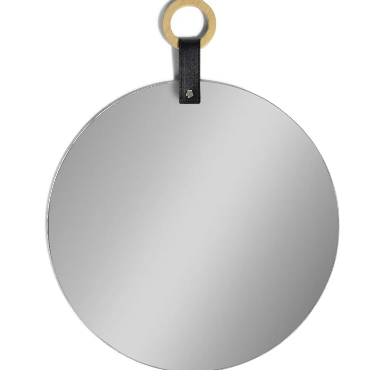 Miroir rond avec poignée simili et bois Ø35cm
