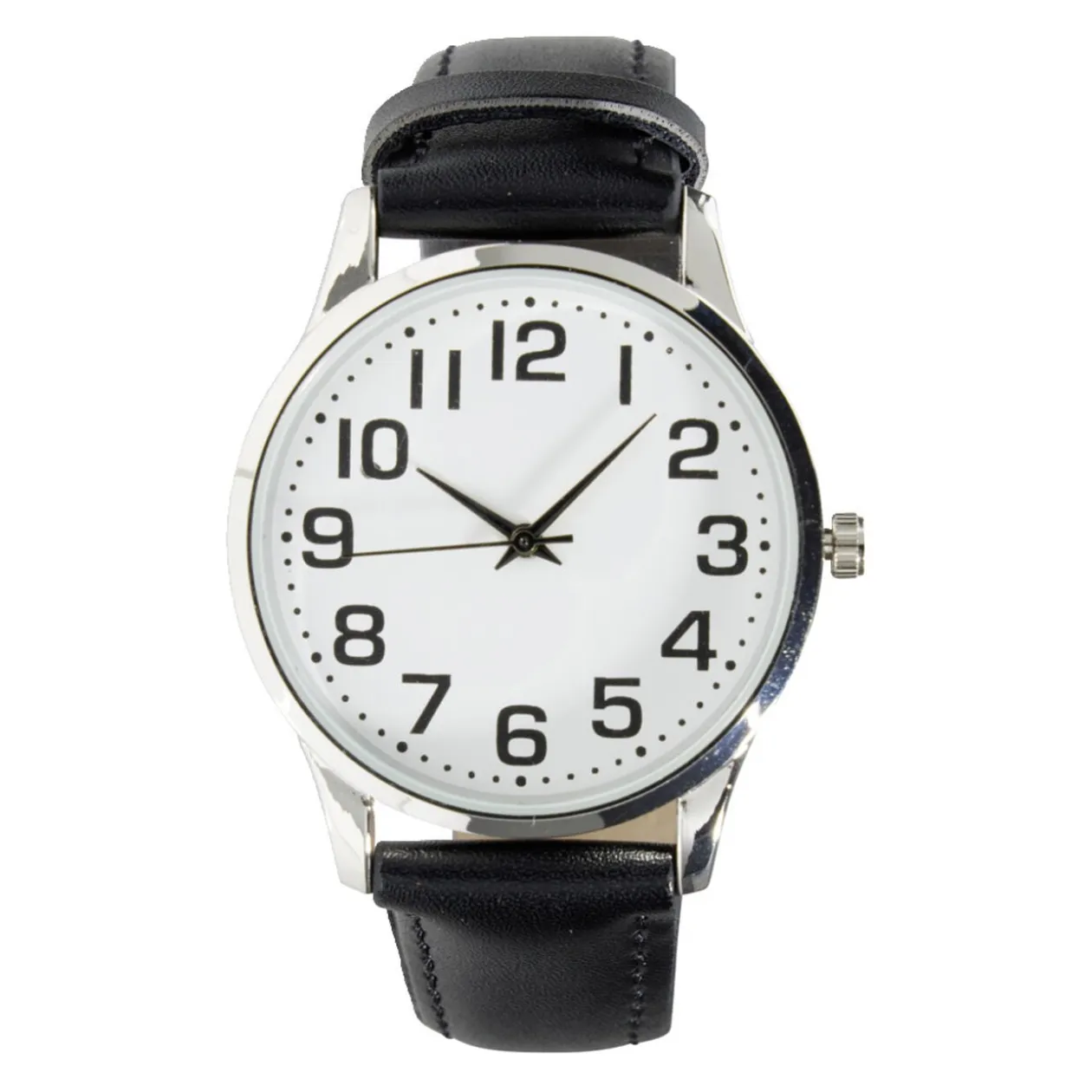 Montre homme cadran rond acier argenté bracelet simili Ø3,5xH23,5cm (2 modèles)