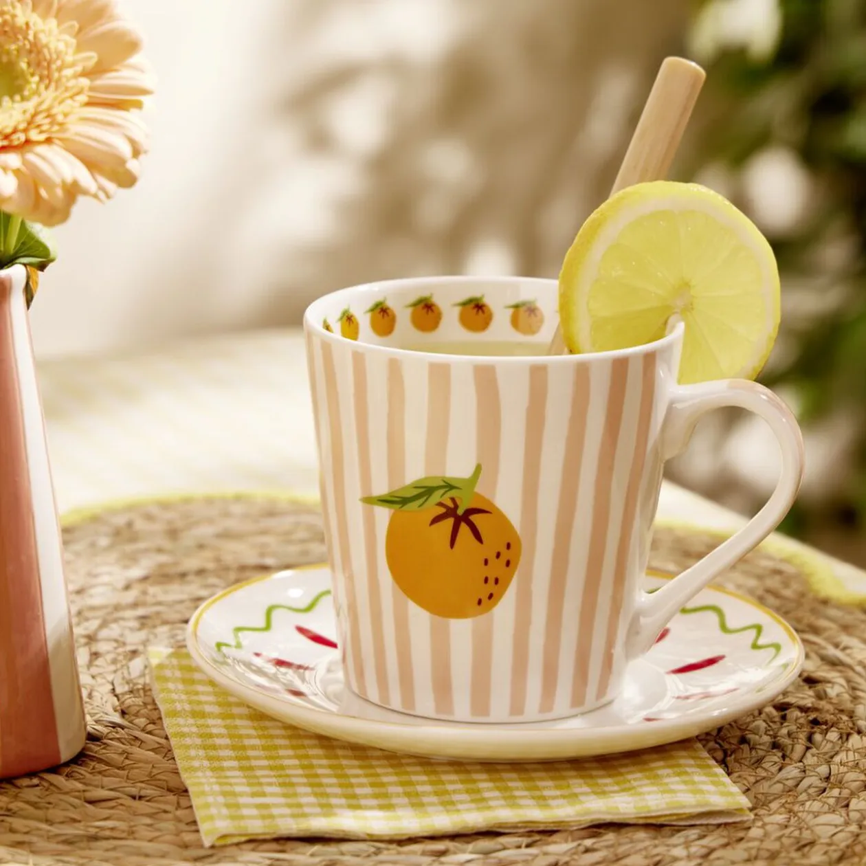 Mug céramique motif fruit orange bayadère rayures colorées Ø8,5xH9cm (2 modèles)