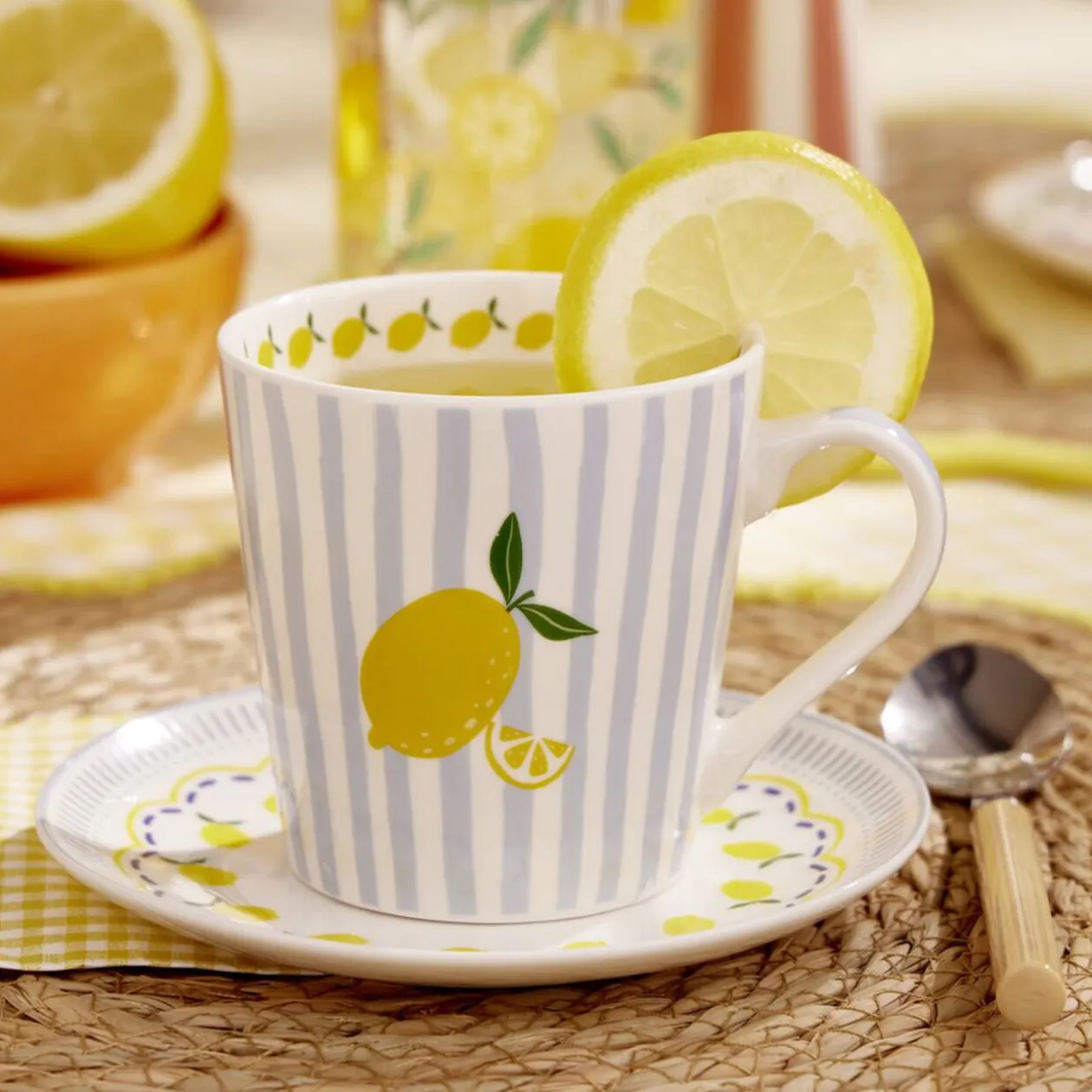 Mug céramique motif fruit orange bayadère rayures colorées Ø8,5xH9cm (2 modèles)
