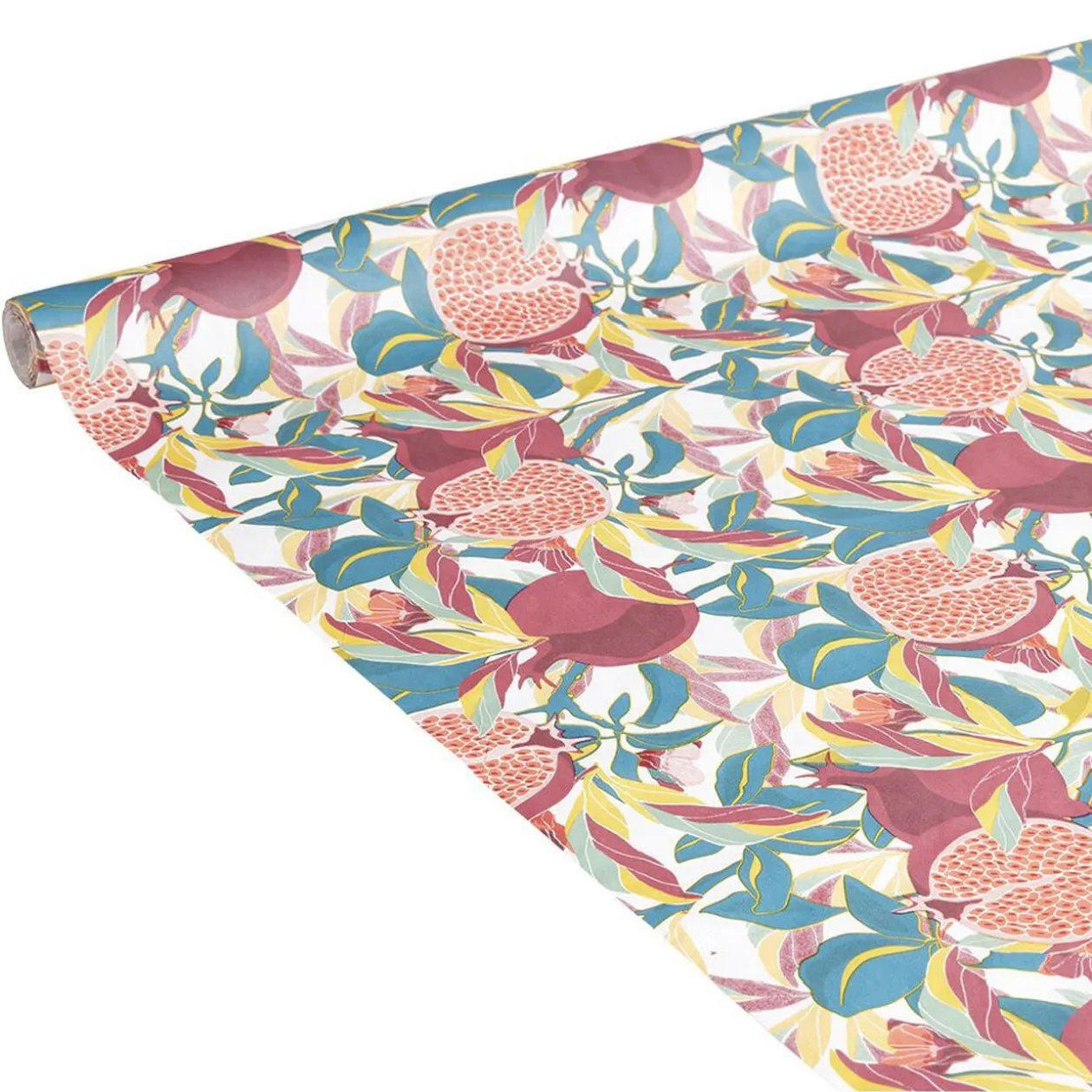 Nappe en papier motif exotique grenade feuillage multicolore 1,20x6m