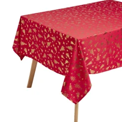 Nappe en tissu rouge motif sapin doré 140x300cm