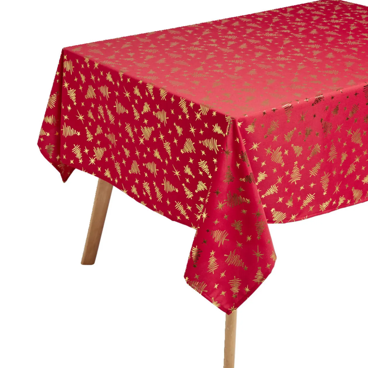 Nappe en tissu rouge motif sapin doré 140x300cm