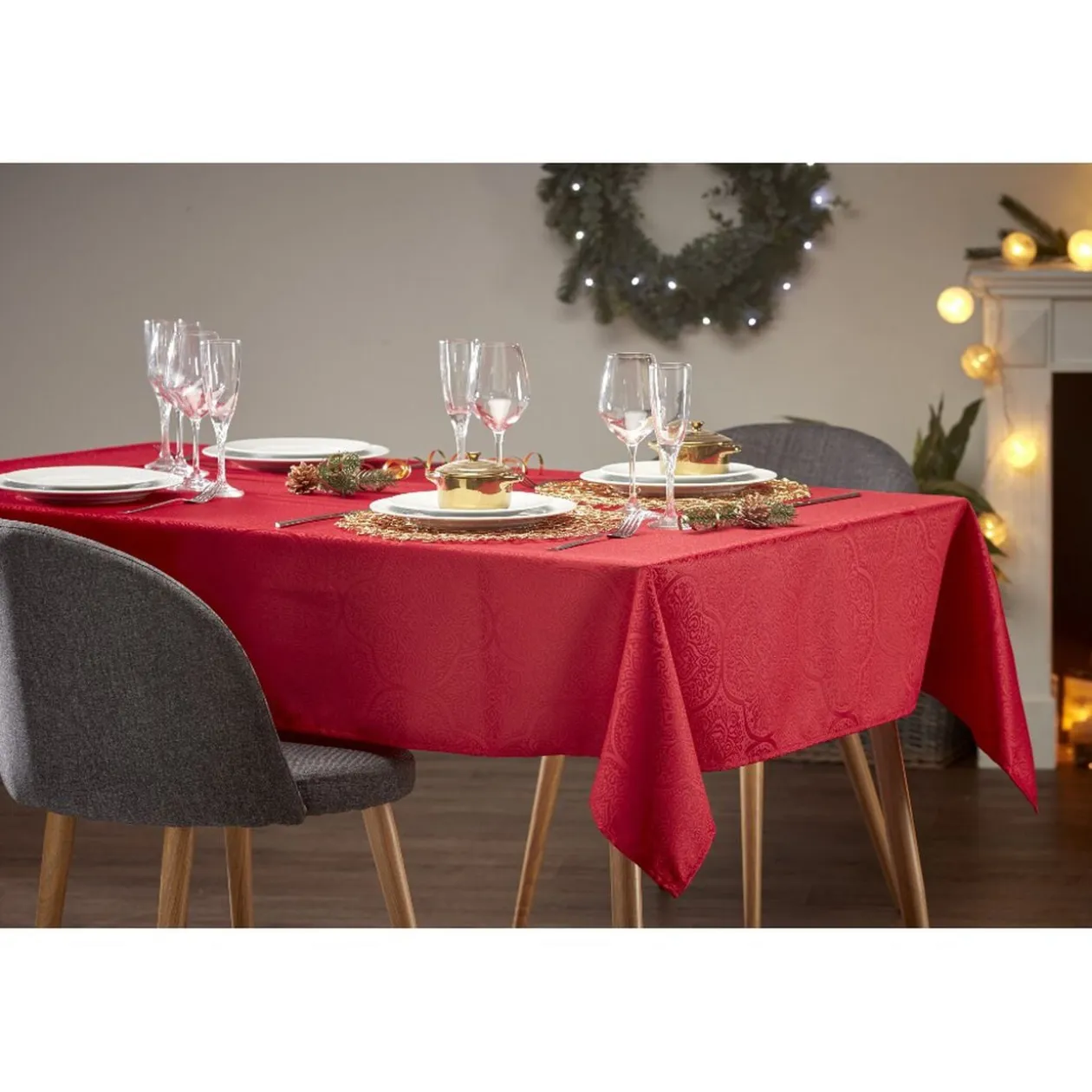 Nappe jacquard rouge motif arabesque L 250 cm