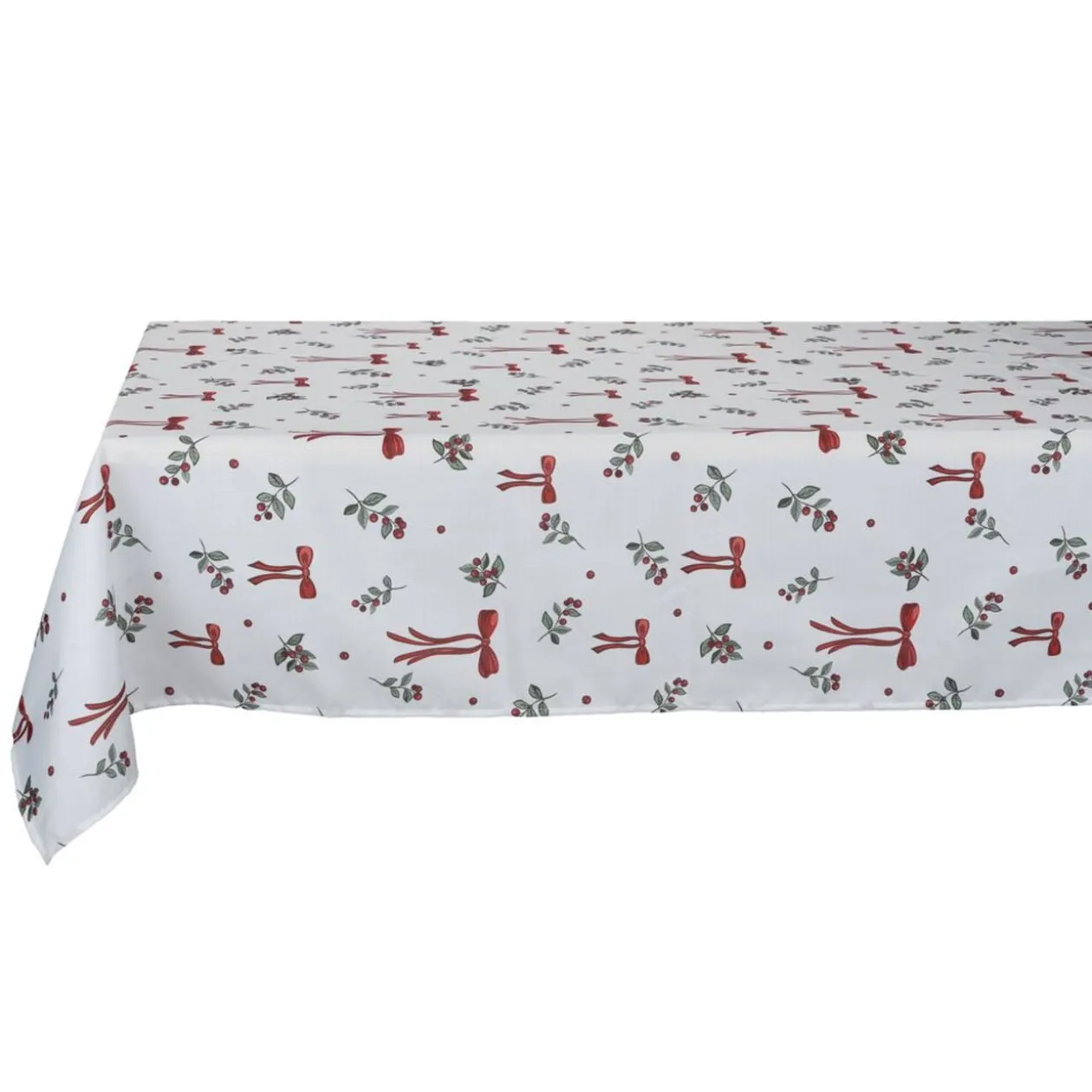 Nappe polyester imprimé noeuds et houx L300X140 cm blanc rouge et vert