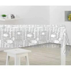 Nappe rectangulaire toile cirée inscriptions gris blanc 140x250 cm