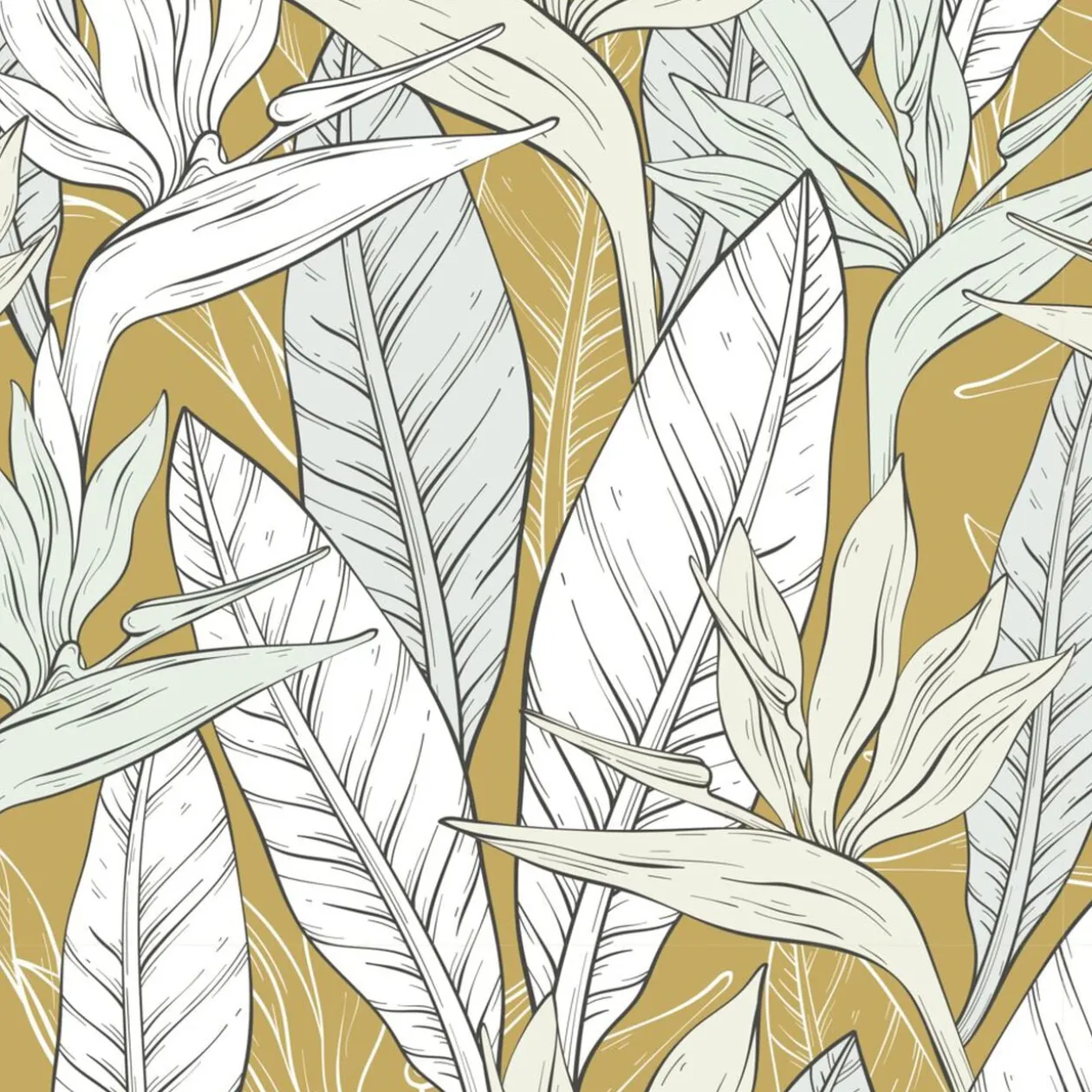 Nappe ronde tissu motif feuillage jaune curry et blanc Ø160cm