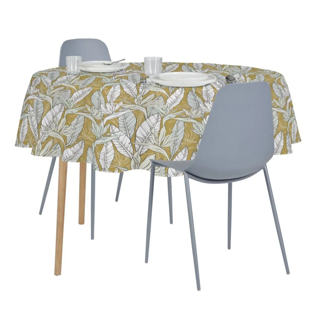 Nappe ronde tissu motif feuillage jaune curry et blanc Ø160cm
