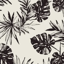 Nappe ronde tissu motif feuillage exotique blanc et noir Ø160cm