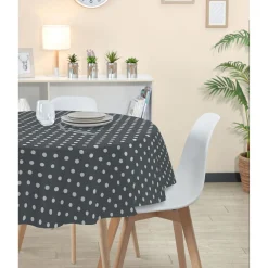 Nappe ronde toile cirée grise à pois blancs