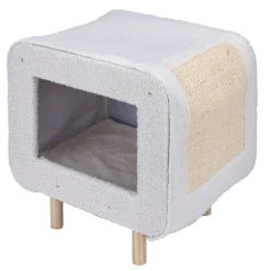 Niche pour chat ou chien en bois et tissu beige avec grattoir 48x48xH38cm < Gifi Hot