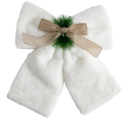 Noeud décoratif Noël XL toucher peluche blanc avec décor vert et marron 40x40cm