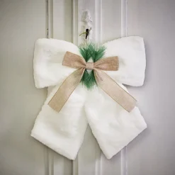 Noeud décoratif Noël XL toucher peluche blanc avec décor vert et marron 40x40cm