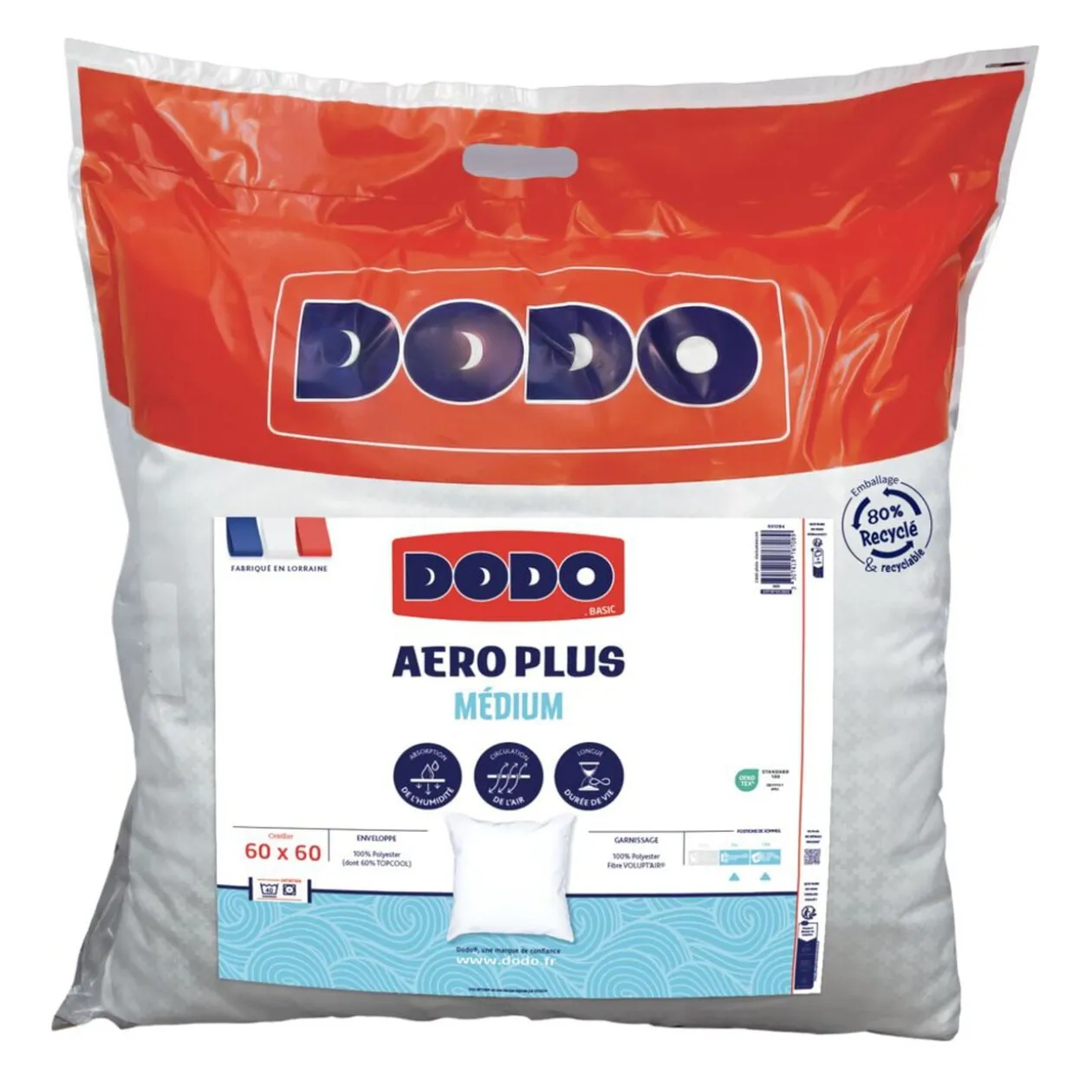 Oreiller carré Dodo Aero Plus confort médium respirant 60x60cm
